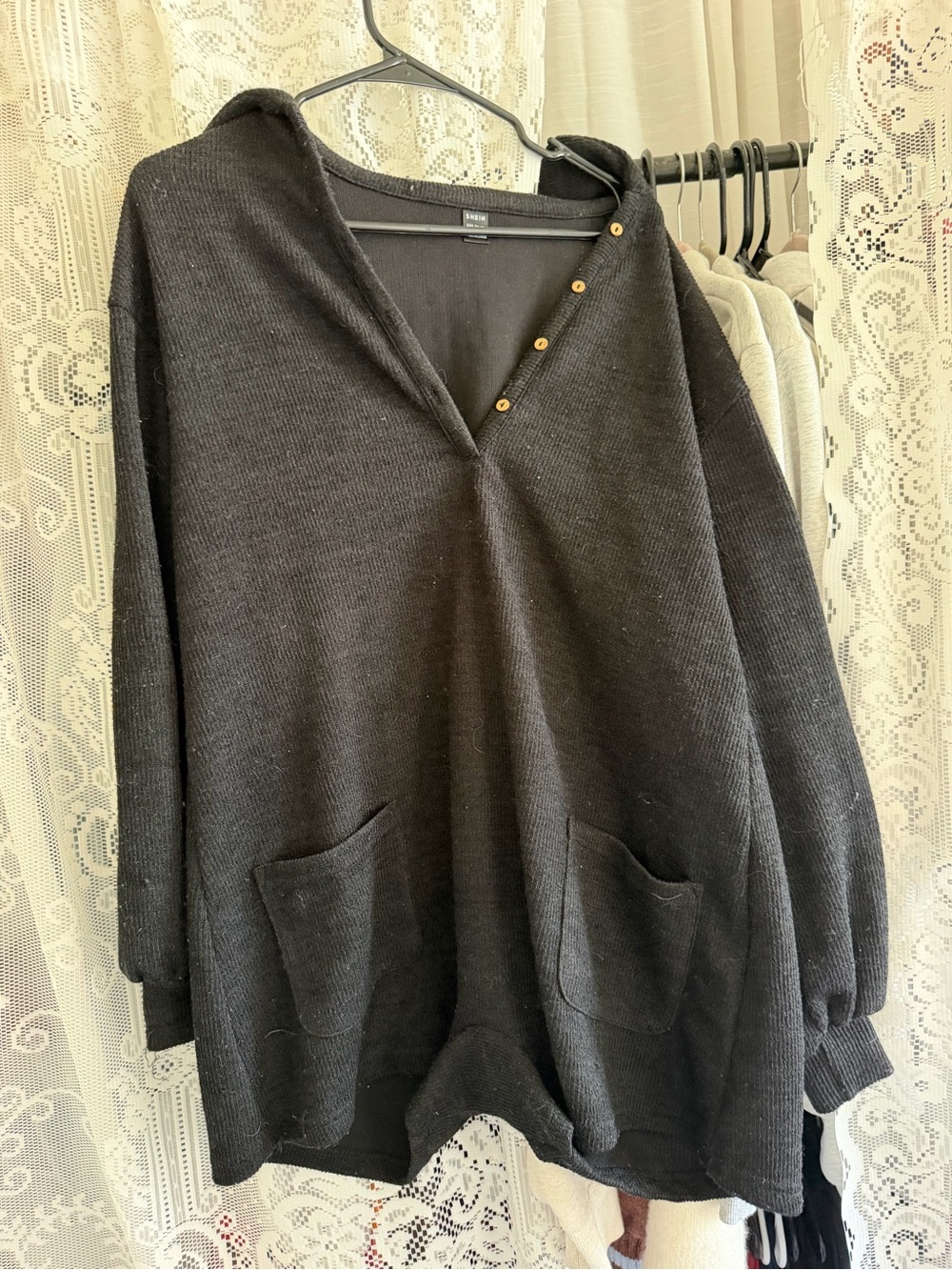 SHEIN Black V-Neck Hooded Button-Detail Romper